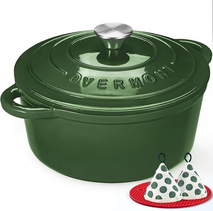 Overmont Enameled Cast Iron Dutch Oven - 7QT Pot with Lid Cookbook & Cotton Potholders - Heavy-Duty Cookware for Braising, Stews, Roasting, Bread Baking GlossyGreen