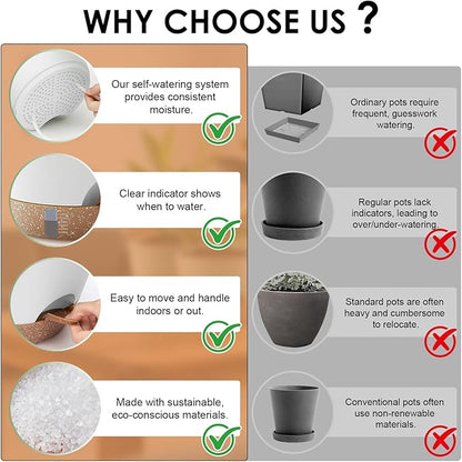 QRRICA 12/10/9 Inch Self-Watering Plant Pots with Water Level Indicator, Drainage Holes & Saucers – Large Plastic Planter Set for Indoor & Outdoor Plants (White)