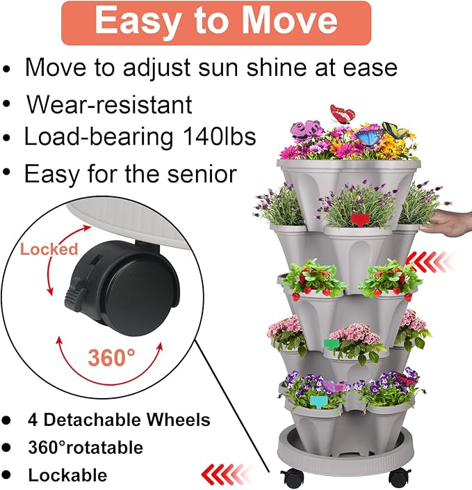 DUNCHATY Stackable Planter, Vertical Strawberry Planter with Garen Tool Set, Self Watering Garden Planter Indoor/Outdoor 5 Tier Herb Planter Pots for Growing Vegetables and Succulents, Gray