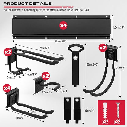 SEDY 64" Heavy Duty Garage Storage Tool Organizer Wall Mount - Tool Rack with Adjustable Hooks, Anti-Rust, 300lbs Capacity - Easy Installation (4 Racks, 10 Hooks, 3 Straps)