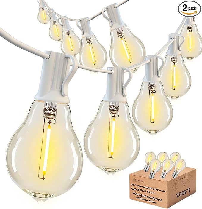 DAMAING Outdoor String Lights 200FT(2x100FT) Waterproof Patio Lights with 105 Plastic Dimmable LED Edison Bulbs,Connectable Outdoor Lighting for Backyard,Garden and Wedding Outside, 2200K White Cord