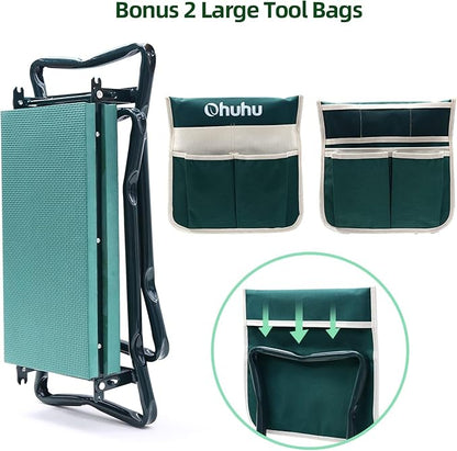Ohuhu Garden Kneeler and Seat Heavy Duty, Upgraded Gardening Stool with Thicker and Wider EVA Foam Kneeling Pad Foldable Garden Bench with 2 Large Tools Pouches, Christmas Gardening Gifts for Seniors