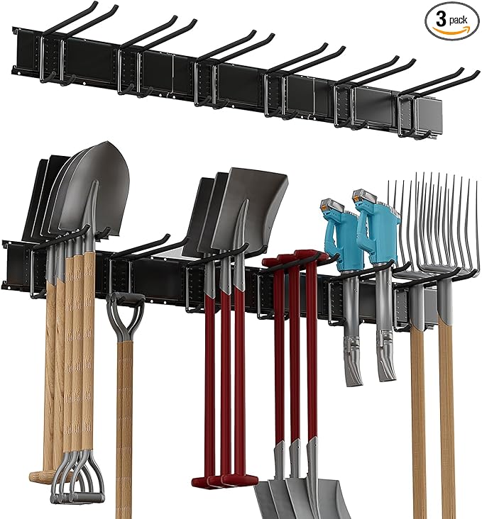 BJONKZ Garage Tool Rack Wall Mount – 48 inches Heavy-Duty Garden Tool Holder with 6 Adjustable Hanging Hooks – Garage Wall Storage Organizer for Shovel, Rake – Max Load 540 lbs (48 inch)