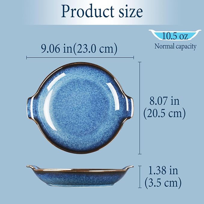 Ceramics Au Gratin baking Dishes Set of 2, Baking Tray Bake ware, 10.5 oz Ramekins, for Pie Pan, Appetizer, Tart, Dessert, Quiche, Oven Small dish, individual dishes, Round 9 Inch