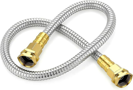 Short Stainless Steel Metal Garden Hose 3 ft, 3/4" Female to Female Solid Brass Connector, Small Leader Hose for Hose Reel, Durable, Flexible, Lightweight, Outdoor Water Hose Extension Adapter
