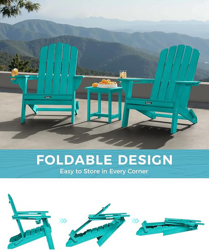 Adirondack Chairs Set of 6, Fire Pit Chairs, Wood Texture Patio Chairs with 2 Cup Holder, Outdoor Lawn Chair, Lakeblue