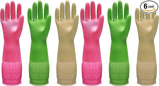 Bamllum 3 Pairs of Rubber Dishwashing Gloves for Kitchen and Household Cleaning – Long Cuff 15", Reusable, Flexible Long-lasting and Non-Slip (Red+Yellow+Green, Large) (Pack of 2)