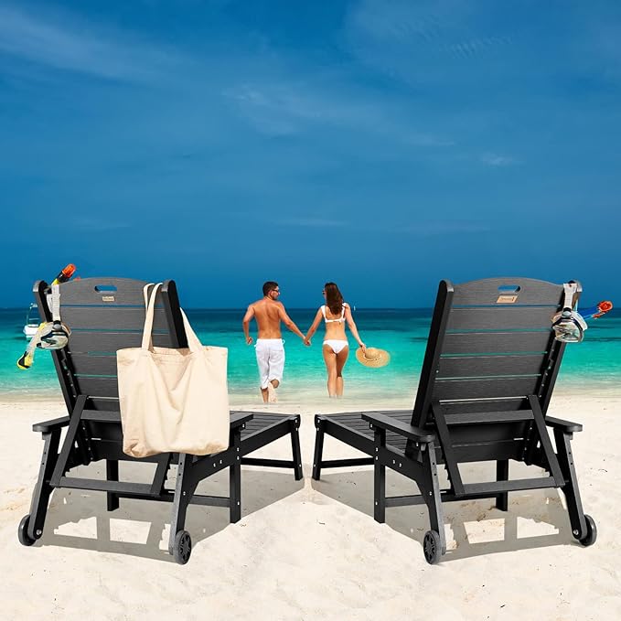 Lounge Chair, Chaise Lounge with 5-Level Adjustable Backrest and Pulley, Easy to Move, Supports Up to 350 lbs, All Weather Waterproof Outdoor Chairs for Patio, Pool, Porch Beach- Black