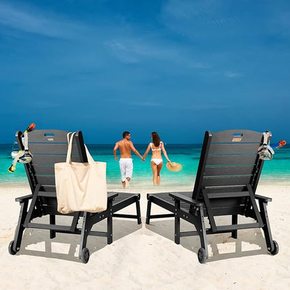 Lounge Chair, Chaise Lounge with 5-Level Adjustable Backrest and Pulley, Easy to Move, Supports Up to 350 lbs, All Weather Waterproof Outdoor Chairs for Patio, Pool, Porch Beach- Black