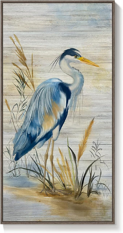 Framed Vertical Blue Heron Living Room Wall Art, Large Vintage Bird Picture Artwork for Walls, Coastal Heron Farmhouse Vertical Canvas Print for Office Kitchen Foyer Stair Hallway Wall Decor, 20x40 In