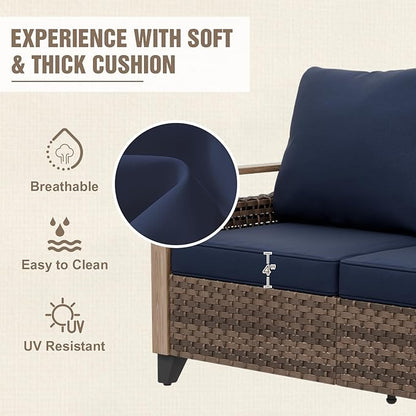 Modern Wicker Patio Furniture Set, Rattan Outdoor Conversation Set with Comfortable Cushions, 2 Seat Loveseat and 2 Ottomans, 3 Pieces, Brown/Blue