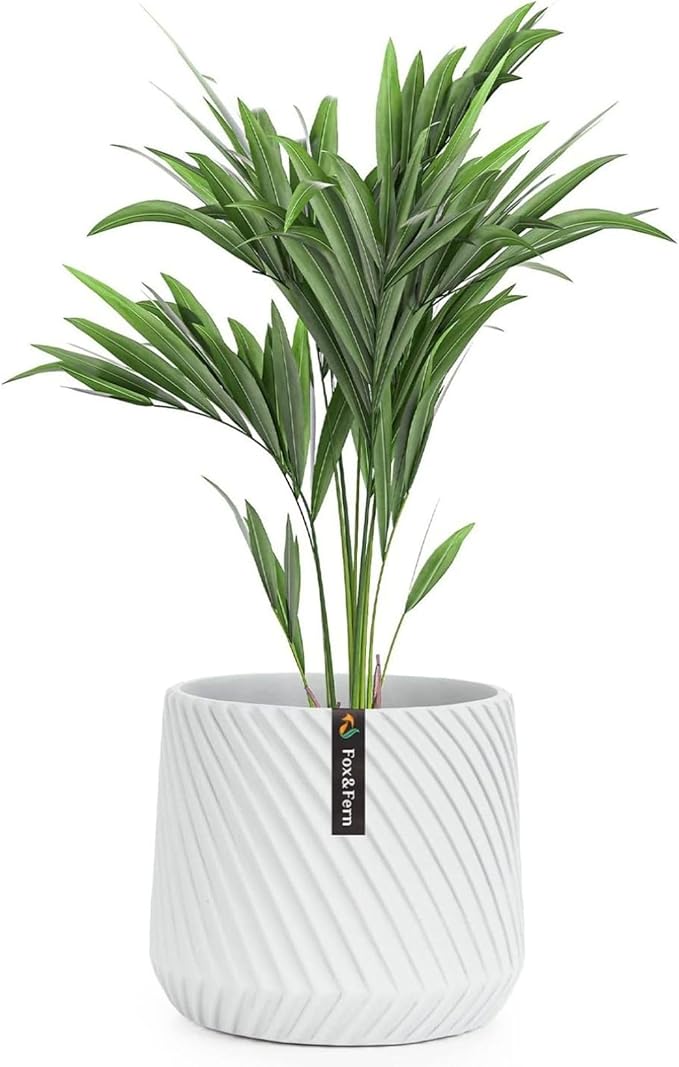 Fox & Fern 8 Inch Plant Pot with Drainage Plug — Premium Polystone White Plant Pot - Modern Planter with 3D Texture and Ceramic Finish - 8 Inch Pots for Plants Indoor & Outdoor - Lightweight