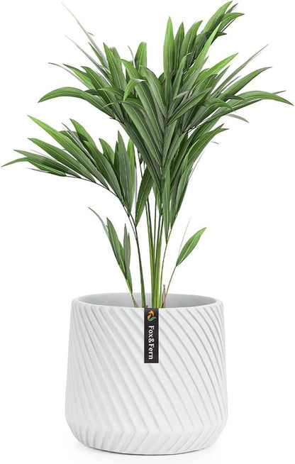 Fox & Fern 8 Inch Plant Pot with Drainage Plug — Premium Polystone White Plant Pot - Modern Planter with 3D Texture and Ceramic Finish - 8 Inch Pots for Plants Indoor & Outdoor - Lightweight