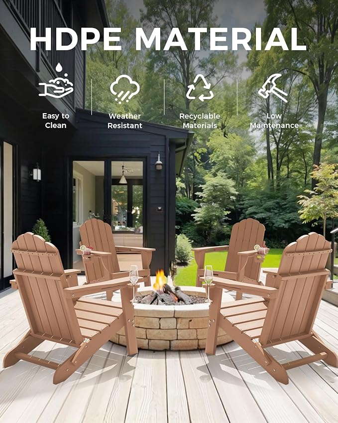 Folding Adirondack Chairs Set of 2, All-Weather HDPE Fire Pit Chair with 2 Cup Holders, Plastic Outdoor Chair for Patio Deck Garden Lawn, Teak