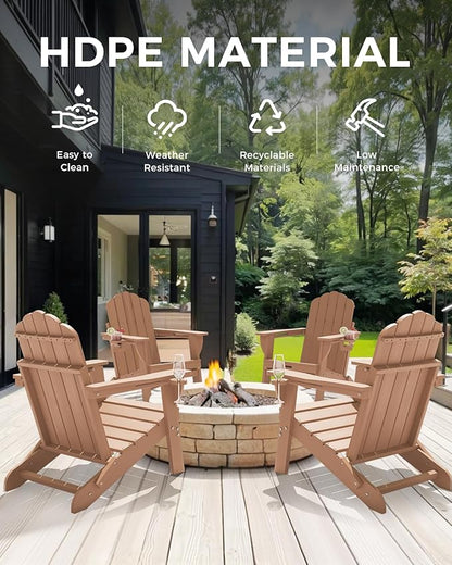 Folding Adirondack Chairs Set of 4,All-Weather HDPE Fire Pit Chair with 2 Cup Holders, Outdoor Chair for Patio Deck Garden Lawn, Teak