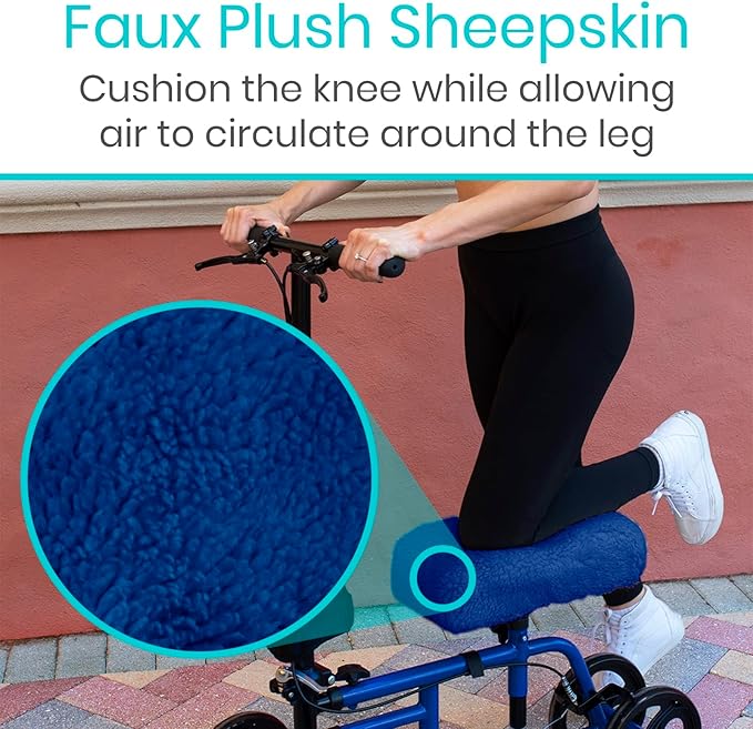 Vive Mobility Knee Scooter Pad Cover - Soft Plush Adult Sheepskin Memory Foam Cushion, Walker Accessory for Knee Roller, Padded Accessories Leg Cart Improves Comfort with Injury, Universal Fit (Blue)