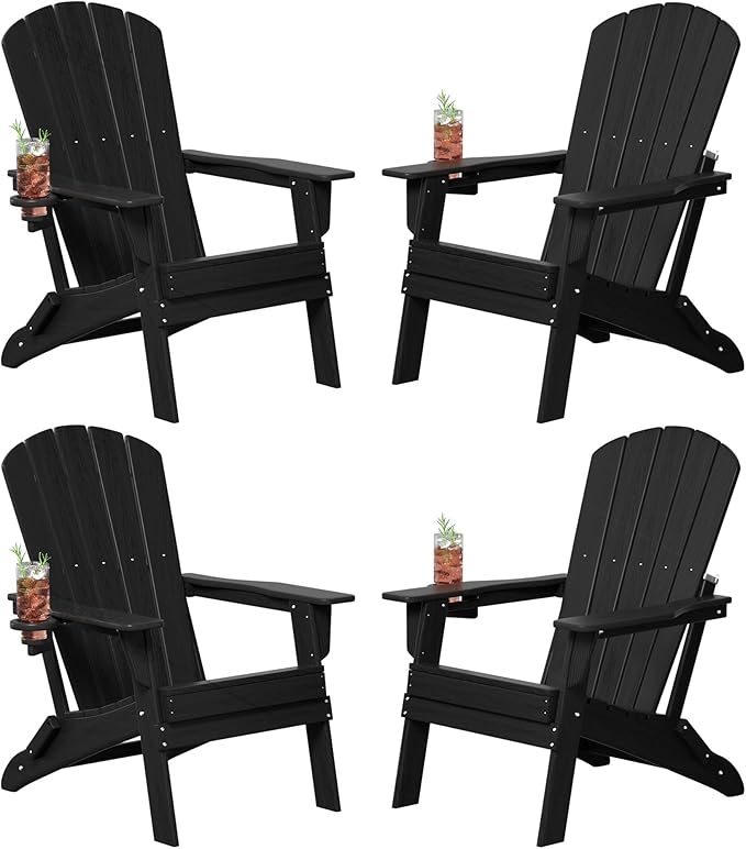 Plawdlik Folding Adirondack Chair Set of 4, Cup Holder，Wooden Textured ，Heavy All-Weather HDPE Comfortable Set Poolside Backyard Lawn Black