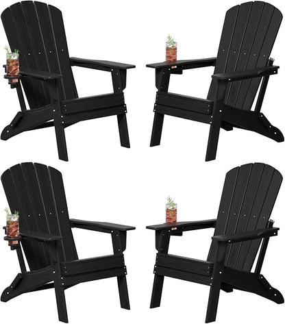 Plawdlik Folding Adirondack Chair Set of 4, Cup Holder，Wooden Textured ，Heavy All-Weather HDPE Comfortable Set Poolside Backyard Lawn Black