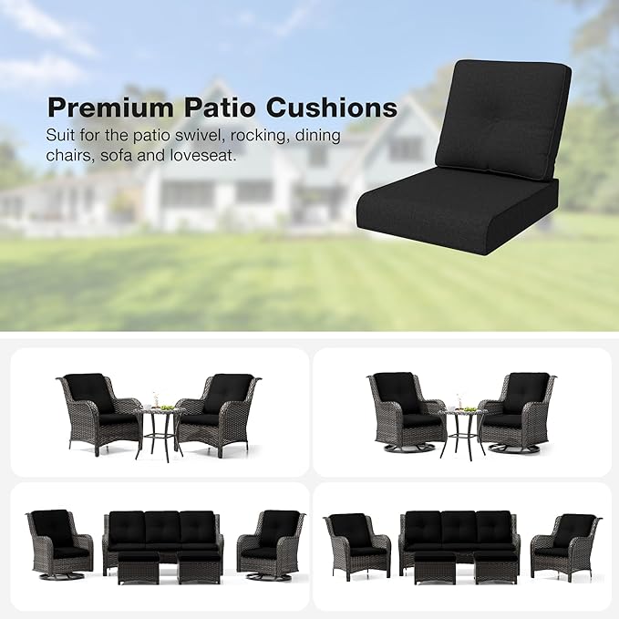 Joyside Outdoor Chair Cushions Set, 22x25/22x24 Inch Patio Furniture Deep Seat Cushions, Water Resistant & Thick Cushion, Outdoor Replacement Cushions for Seat and Sofa (Black, 5 Set)