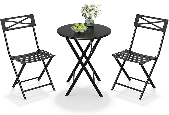 GarveeTech 3-Piece Folding Bistro Set, Heavy Duty Outdoor Patio Furniture with 2 Chairs & 1 Table, Weather-Resistant Steel Frame, No Assembly Required for Garden, Yard, Balcony,Black