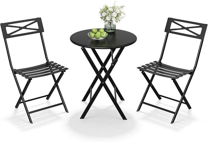 Outdoor Round Bistro Set 3 Piece, Black Iron Patio Furniture Set with Round Table & 2 Chairs, Foldable Steel Backyard Deck Porch Garden Furniture, Space Saving Outdoor Dining Set for Small Spaces