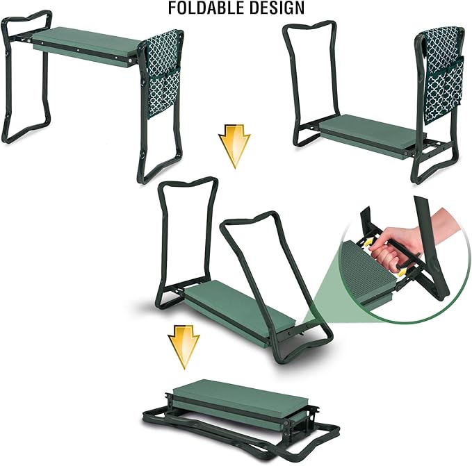 Garden Kneeler And Seat - Protects Your Knees, Clothes From Dirt & Grass Stains - Foldable Stool For Ease Of Storage - EVA Foam Pad - Sturdy and Lightweight - Bench Comes With A Free Tool Pouch!