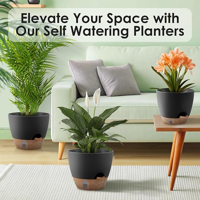 QRRICA 12/10/9 Inch Self-Watering Plant Pots with Water Level Indicator, Drainage Holes & Saucers – Large Plastic Planter Set for Indoor & Outdoor Plants(Black)