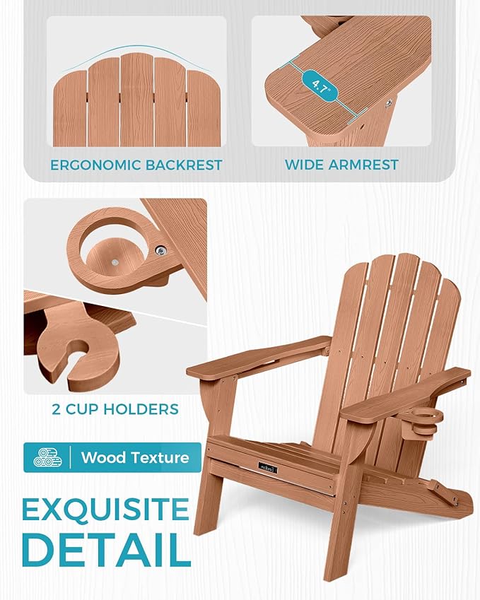 Folding Adirondack Chair,All-Weather HDPE Fire Pit Chair with 2 Cup Holders, Plastic Outdoor Chair for Patio Deck Garden Lawn, Teak