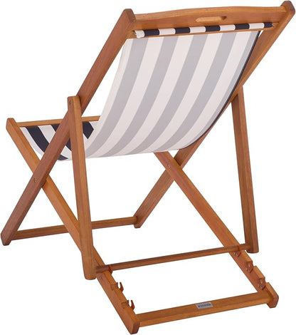 SAFAVIEH Outdoor Patio Furniture Collection – Loren Solid Eucalyptus Wood Folding Sling Chair Set of 2 with Navy & White Striped Fabric Seat, Coastal Style (PAT7040F-SET2)