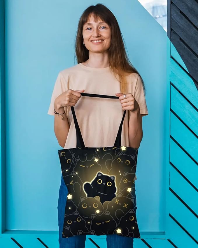 Canvas Tote Bag with Aesthetic Prints, Cute Tote Bag for Women Girls with Wide Strap, Gifts for Cat Book Lovers