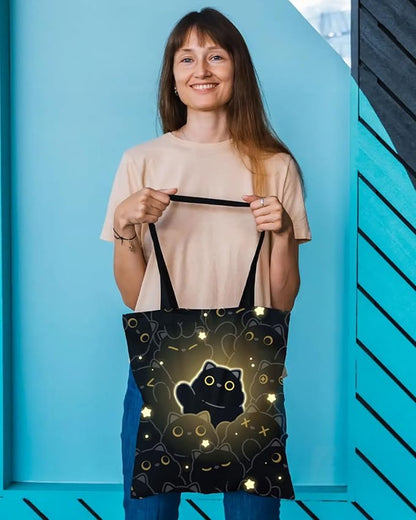 Canvas Tote Bag with Aesthetic Prints, Cute Tote Bag for Women Girls with Wide Strap, Gifts for Cat Book Lovers