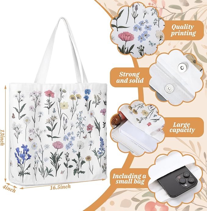 Bencailor 2 Pcs Spring Flower Canvas Tote Bags Reusable Wildflowers Herbs Plant Grocery Bags for Women Shopping Spring Gifts(Flower)