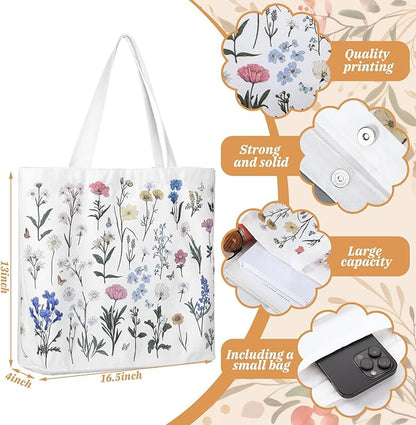 Bencailor 2 Pcs Spring Flower Canvas Tote Bags Reusable Wildflowers Herbs Plant Grocery Bags for Women Shopping Spring Gifts(Flower)