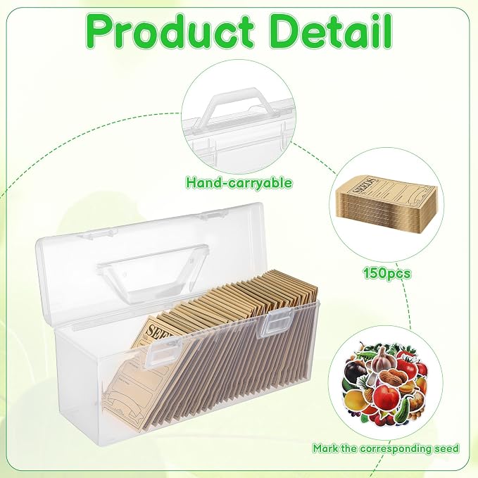 Plastic Clear Seed Storage Organizer Box with Handle, 1 Seed Saving Packet Container Box with 200 Envelopes and 50 Stickers for Plant Flower Vegetable Garden Lover Gifts