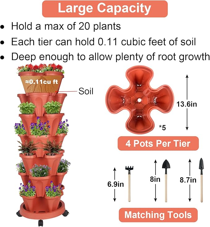 GameXcel Vertical Planter Tower- 7 Tier Stackable Garden Planter with Wheels and Tool Set – Grow Strawberries Herbs Flowers and Vegetables - Indoor Outdoor Use Red
