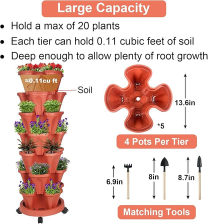 GameXcel Vertical Planter Tower- 7 Tier Stackable Garden Planter with Wheels and Tool Set – Grow Strawberries Herbs Flowers and Vegetables - Indoor Outdoor Use Red