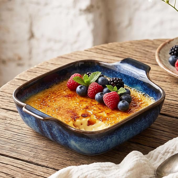 Ceramics Au Gratin baking Dishes Set of 4, Baking Tray Bake ware, 10.5 oz Ramekins, for Pie Pan, Appetizer, Tart, Dessert, Quiche, Oven Small dish, individual dishes, Square 7.3 Inch