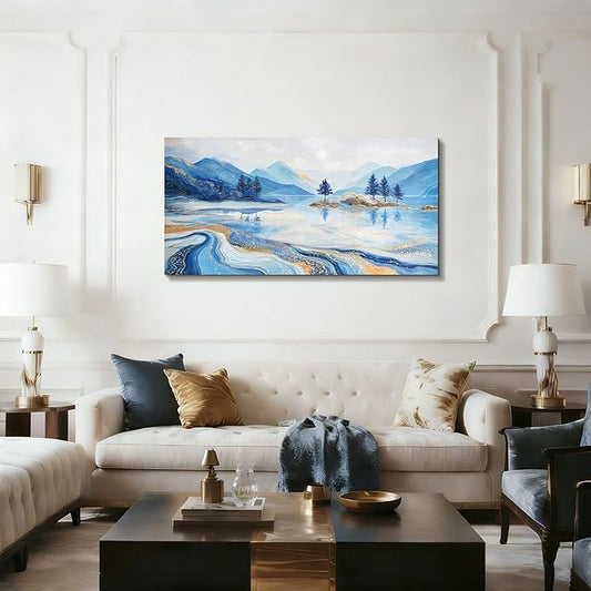SERIMINO Extra Large Wall Art, Blue Wall Art, Mountain Wall Decor, Abstract Lake Landscape Prints Decoration, Modern Nature Aesthetic Pictures for Living Room Bedroom Dining Room Hotel House 29"x57"