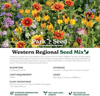 Park Seed Grow Your Own Vibrant Annual and Perennial Wildflower Garden Seeds Mixture, Easy to Grow Varieties for Pollinators and Spring Gardens - Western Regional Mix, 10 lbs
