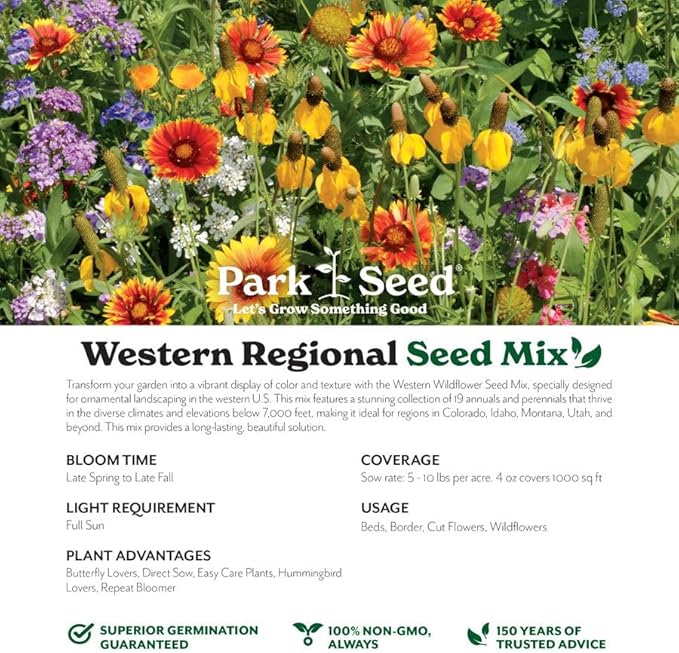 Park Seed Grow Your Own Vibrant Annual and Perennial Wildflower Garden Seeds Mixture, Easy to Grow Varieties for Pollinators and Spring Gardens - Western Regional Mix, 1 lb