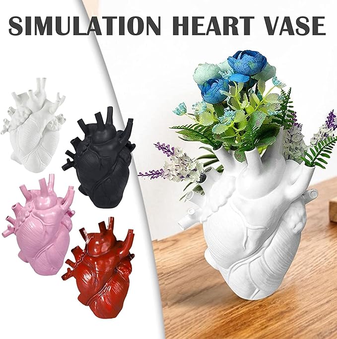 Resin Vase Planter, Decorative Heart Vase - Anatomical Heart Tabletop Decorative Craft, Farmhouse Living Room Bedroom Countertop (Black,Large)
