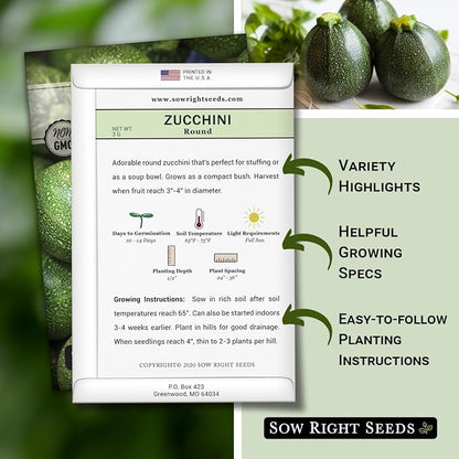 Sow Right Seeds - Round Zucchini Seed for Planting - Non-GMO Heirloom Packet with Instructions to Plant a Home Vegetable Garden - Unique Globe Squash - Summer Vining Variety (4)