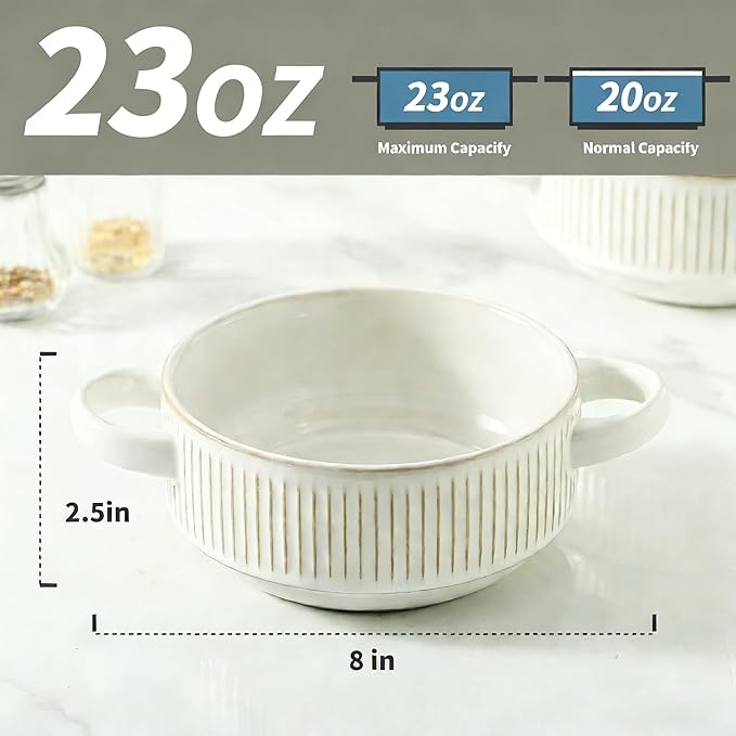Soup Bowls with Handles, 23 oz French Onion Soup Crocks, Stackable Soup Bowl Oven Safe for Chili, Beef Stew, Embossment Ceramic Bowl Set - 5.4 Inch, Set of 4,Blue