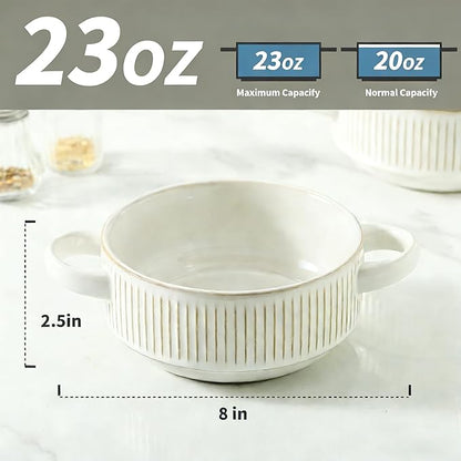 Soup Bowls with Handles, 23 oz French Onion Soup Crocks, Stackable Soup Bowl Oven Safe for Chili, Beef Stew, Embossment Ceramic Bowl Set - 5.4 Inch, Set of 4,Blue