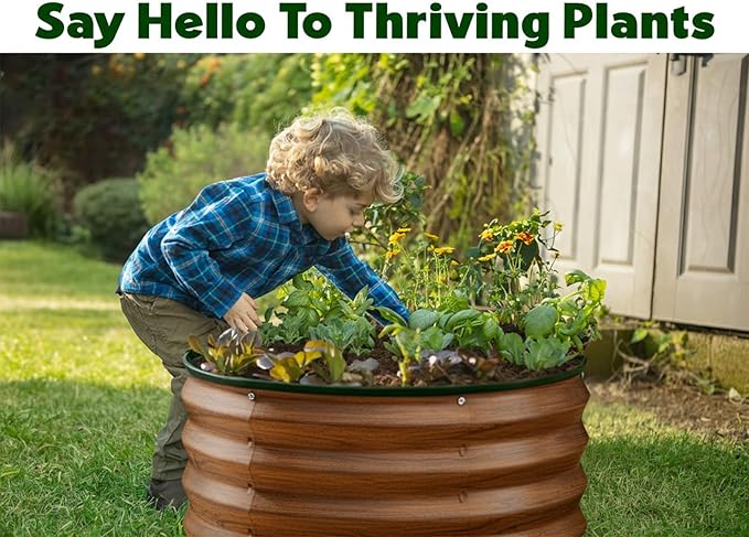 Round Galvanized Raised Garden Bed // 2×2×1 ft (3-Pack) Galvanized Raised Garden Beds Outdoor for Gardening, Vegetables, Flowers (Dark Wood Grain) // Patented Tool-Free Design Round Planter