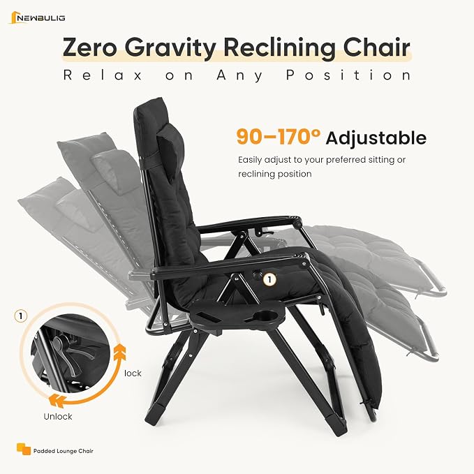NEWBULIG Set of 2 Zero Gravity Chair, Folding Patio Recliner with Removable Cushion & Cup Holder Trays, Portable Lounge Chair for Beach & Camping, Classic Black