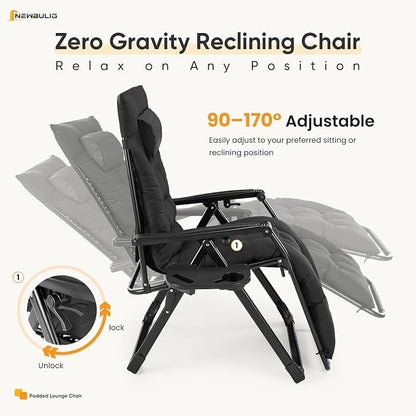 NEWBULIG Set of 2 Zero Gravity Chair, Folding Patio Recliner with Removable Cushion & Cup Holder Trays, Portable Lounge Chair for Beach & Camping, Classic Black