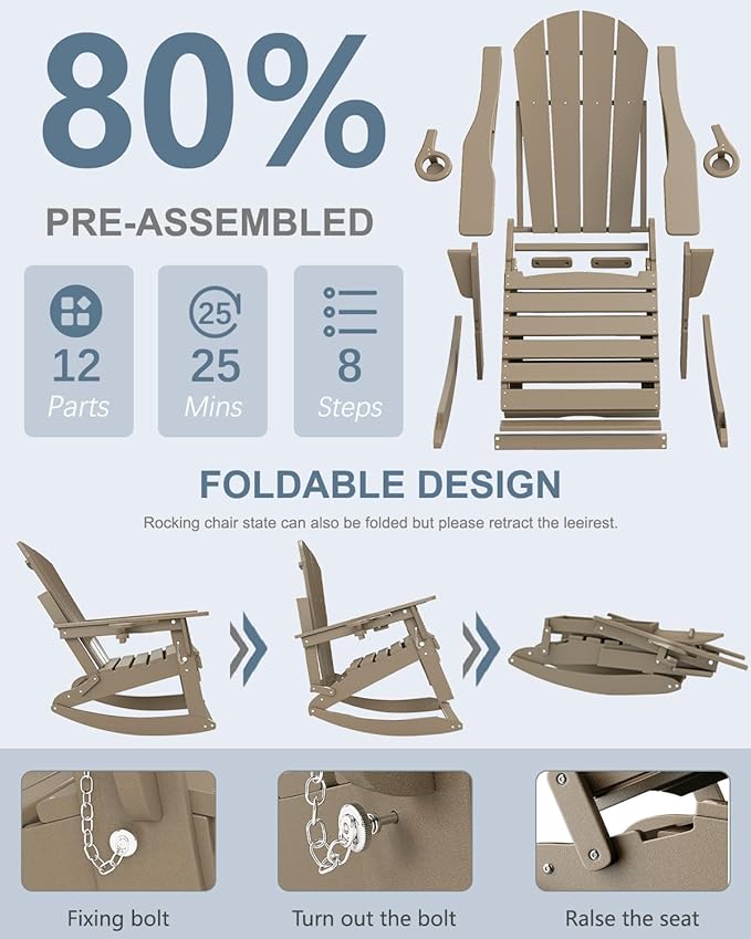 Adirondack Rocking Chairs Set of 2 with Retractable Ottoman, All Weather Folding Adirondack Chair with Two Cup Holders, Adirondack Outdoor Rocking Chairs for Porch, Patio, Balcony. Brown