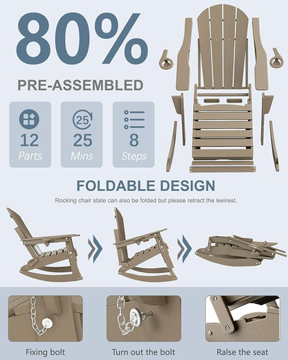 Adirondack Rocking Chairs Set of 2 with Retractable Ottoman, All Weather Folding Adirondack Chair with Two Cup Holders, Adirondack Outdoor Rocking Chairs for Porch, Patio, Balcony. Brown