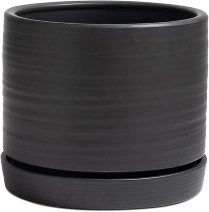 HERDUK 8 Inch Pots for Plants, Ceramic Planter Pot with Drainage Hole & Saucer, Indoor/Outdoor Cylinder Round Planter Pot, Matte Black